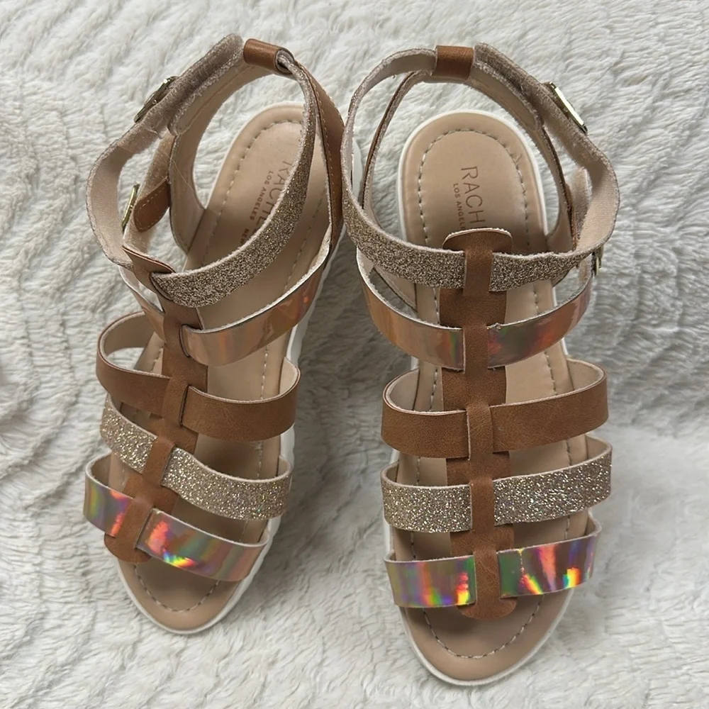 Rachel Zoe Girls Tan Shiny & Glittery Sandals VELCRO STRAPS,  Girls' 4 EUC!